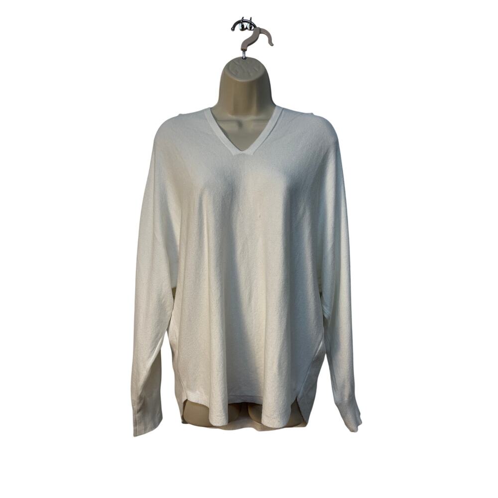 Vila Milano Womens XL White V-Neck Hooded Sweater Cotton Blend Pullover Snag